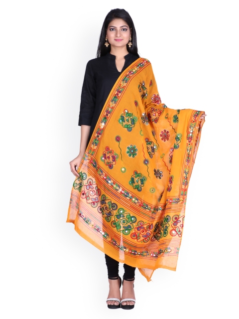 

SOUNDARYA Yellow Embroidered Dupatta with Mirror Work