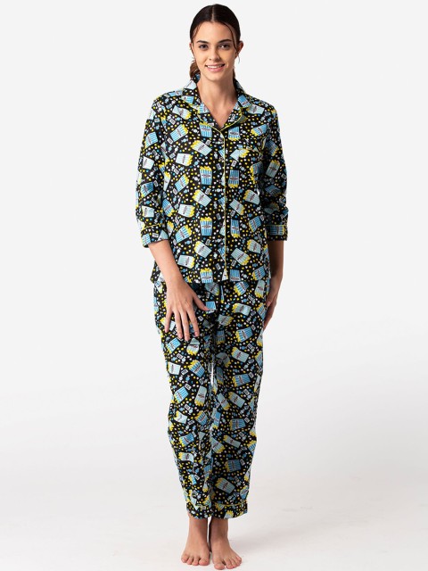 

Bellofox Women Black & Blue Printed Night Suit