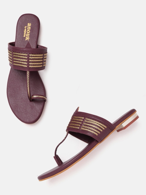 

Anouk Women Burgundy & Gold-Toned Braided Textured One Toe Flats