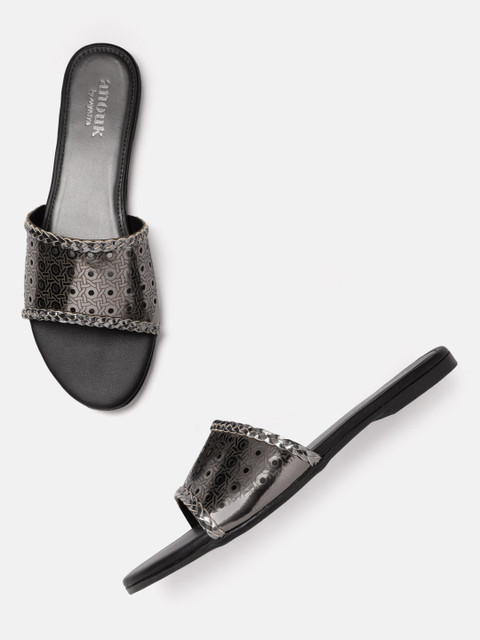

Anouk Women Gunmetal-Toned Laser Cuts Open Toe Flats, Metallic