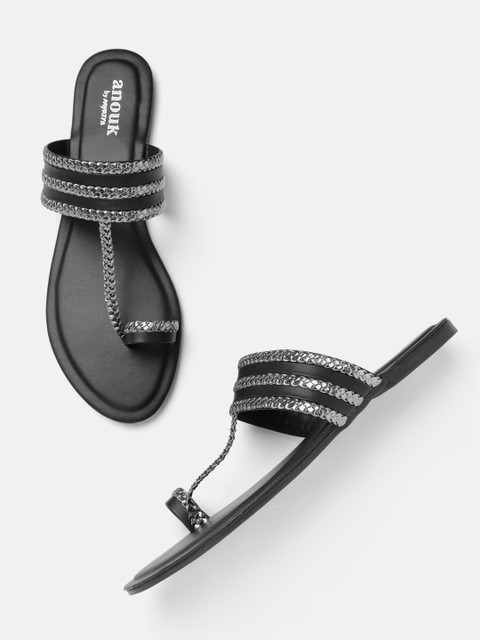 

Anouk Women Black & Silver-Toned Braided One Toe Flats