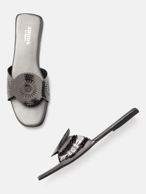 

Anouk Women Gunmetal-Toned Laser Cuts Open Toe Flats, Metallic