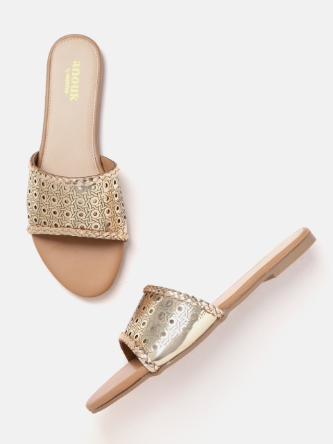 

Anouk Women Gold-Toned Laser Cuts Open Toe Flats