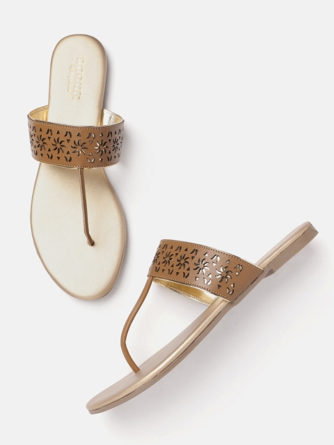 

Anouk Women Brown & Gold-Toned Laser Cuts T-Strap Flats