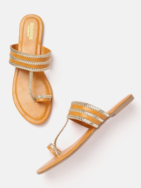 

Anouk Women Mustard Yellow & Gold-Toned Braided One Toe Flats
