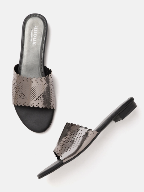 

Anouk Women Gunmetal-Toned Laser Cut Open Toe Flats, Metallic