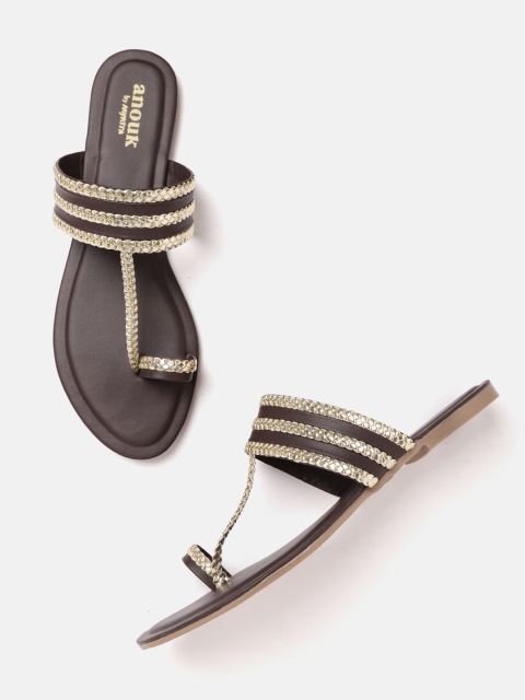 

Anouk Women Coffee Brown & Gold-Toned Braided One Toe Flats