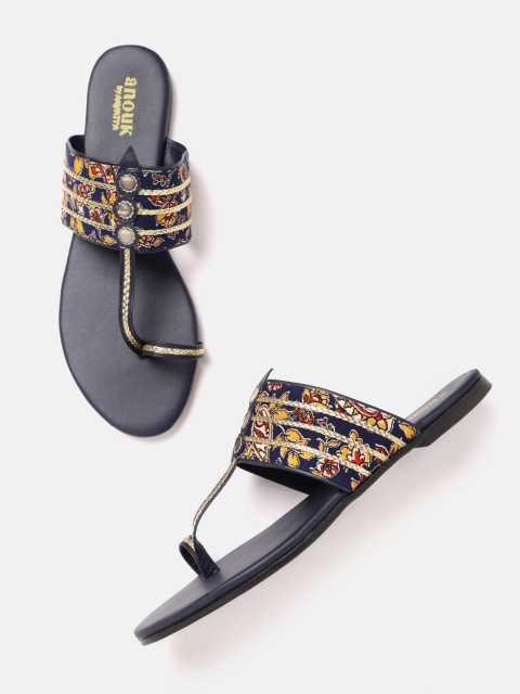 

Anouk Women Navy Blue & Beige Printed One Toe Flats with Braided Detail