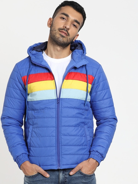 

Bewakoof Men Blue Colourblocked Padded Jacket with Patchwork