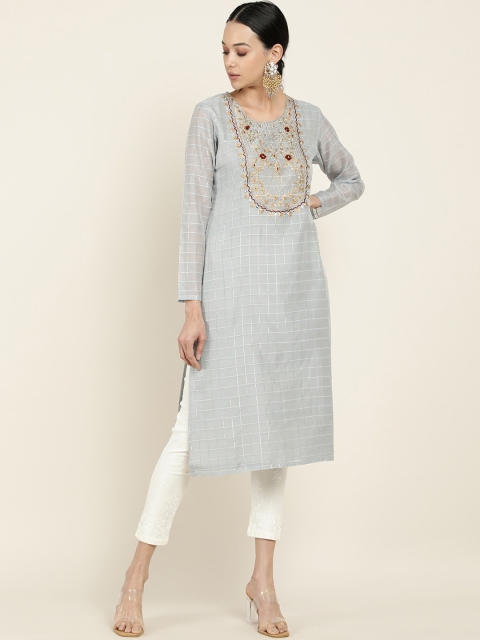 

Soch Women Grey Checked Flared Sleeves Thread Work Kurta