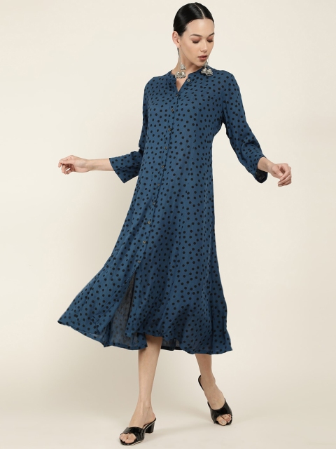 

Soch Women Blue & Black Polka Dots Printed Kurta