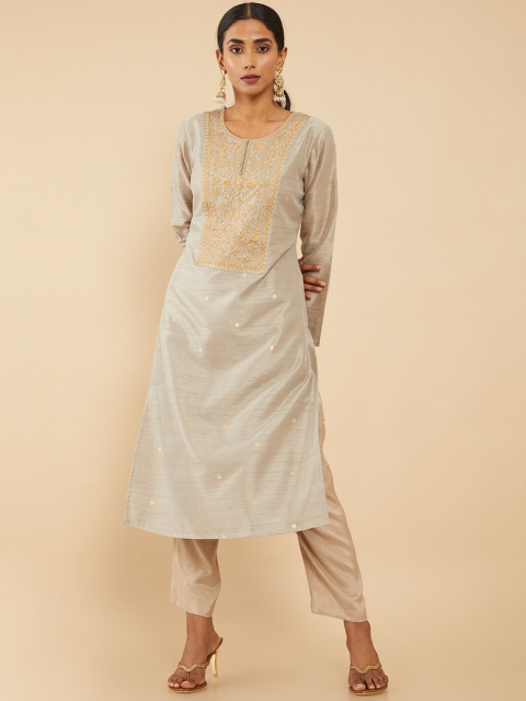 

Soch Women Grey Ethnic Motifs Embroidered Chanderi Silk Straight Kurta