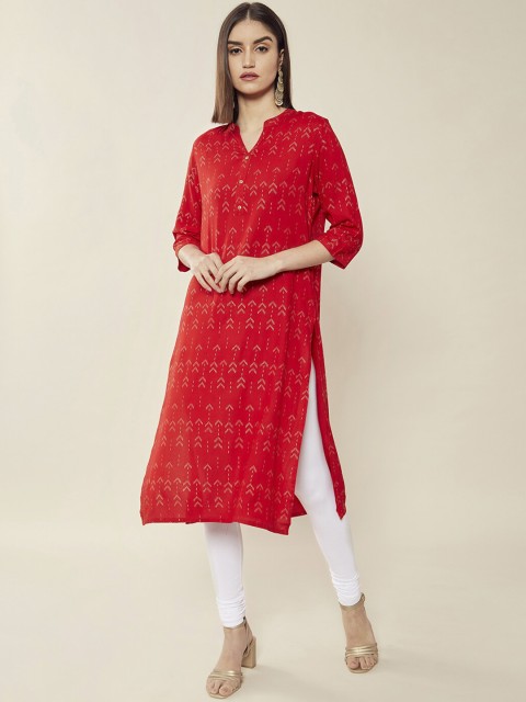 

Soch Women Red Geometric Cold-Shoulder Sleeves Mirror Work Kurta