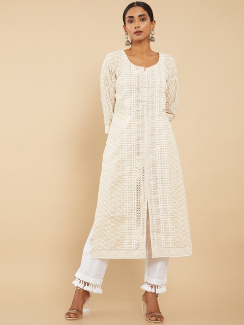 

Soch Women Beige Front Slit Embroidered Kurta