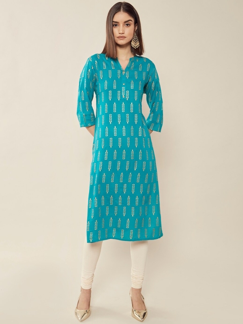 

Soch Women Teal Green & Gold-Toned Geometric Printed Kurta