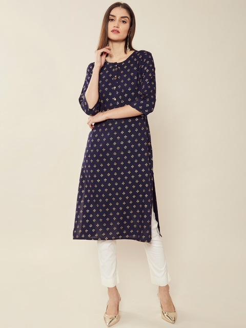 

Soch Women Navy Blue Ethnic Motifs Printed Round Neck Straight Kurta