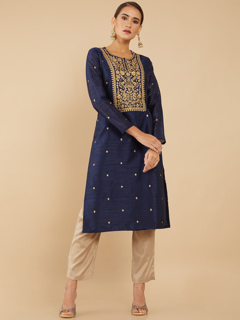

Soch Women Navy Blue Yoke Design Zari Embellished Chanderi Silk Kurta