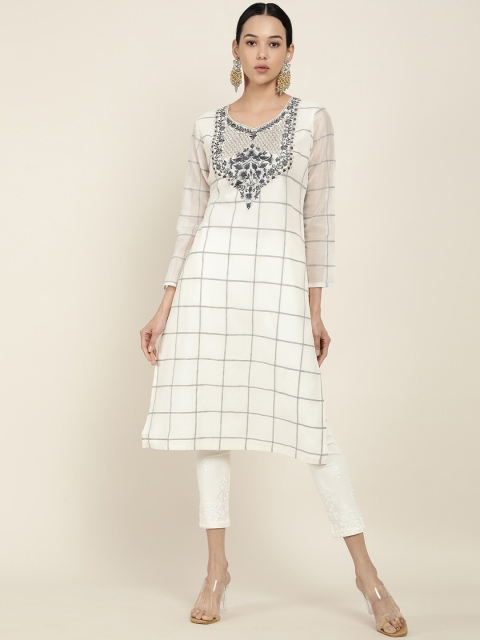 

Soch Women Off White Yoke Design Checked V-Neck Blended Silk Kurta