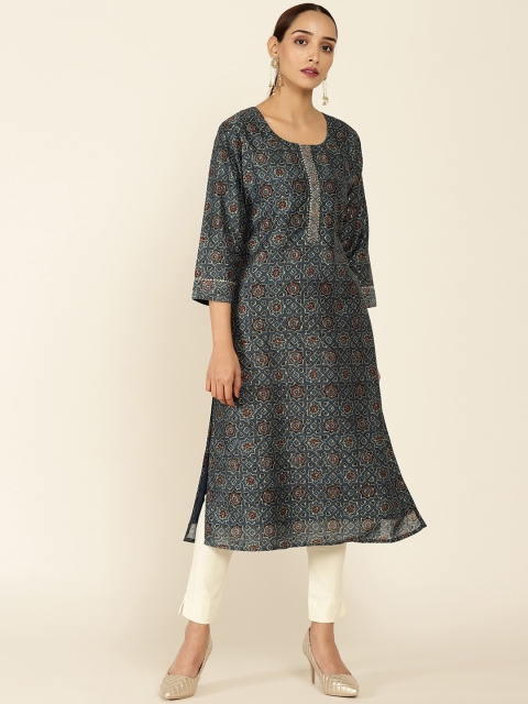 

Soch Women Navy Blue Geometric Printed Thread Work A-Line Kurta