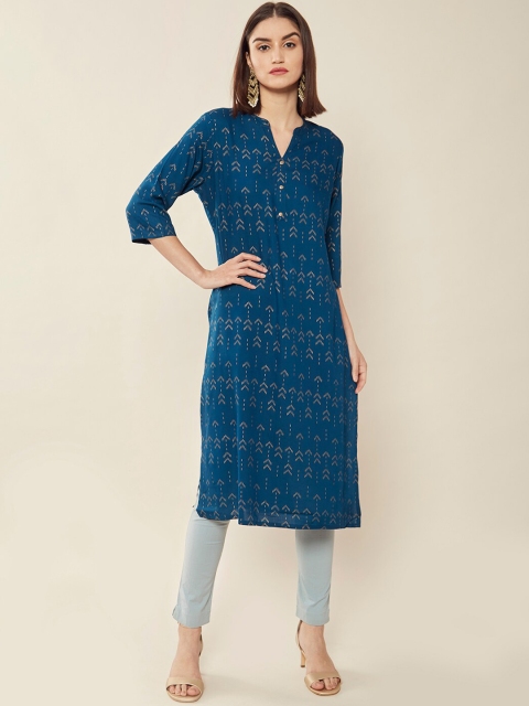 

Soch Women Turquoise Blue Geometric Keyhole Neck Kurta