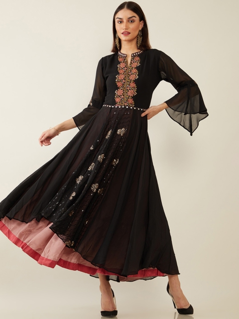 

Soch Women Black Keyhole Neck Flared Sleeves Georgette Anarkali Kurta