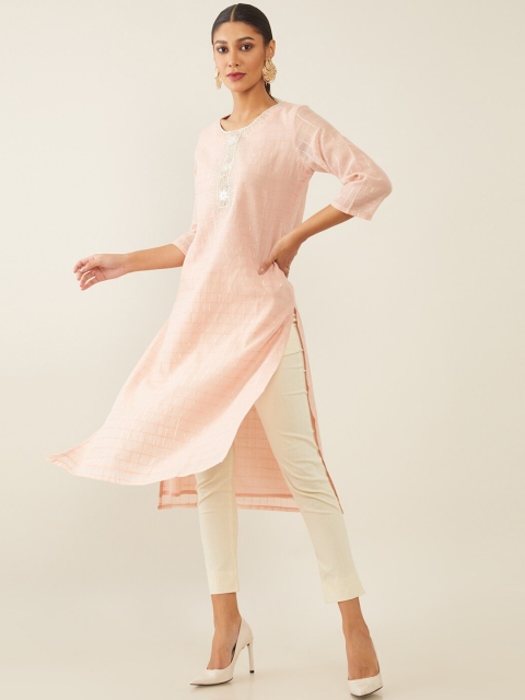 

Soch Women Peach Thread Work Chanderi Silk Kurta