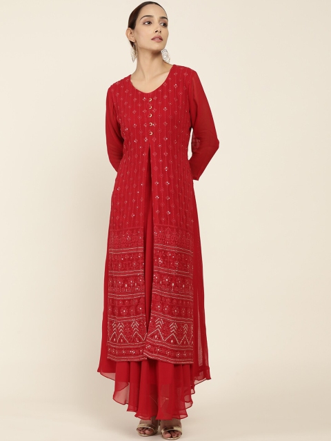 

Soch Women Red Ethnic Motifs Sequinned Thread Work Georgette Anarkali Kurta