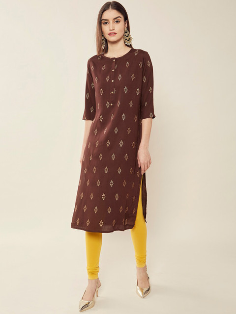 

Soch Women Brown Round Neck Geometric Printed Work Kurta