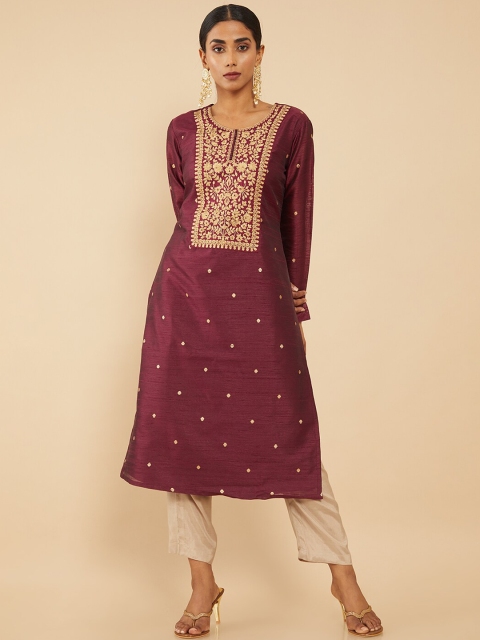 

Soch Women Burgundy Yoke Design Ethnic Motifs Embroidered Chanderi Silk Kurta