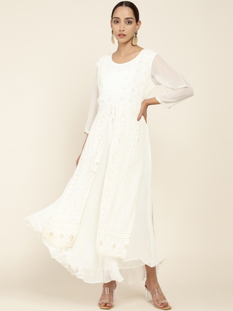 

Soch Women White Sequinned Embellished Chikankari Georgette Anarkali Kurta