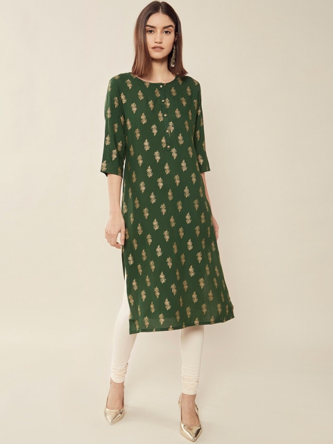 

Soch Women Green Paisley Printed Keyhole Neck Flared Sleeves Mirror Work Kurta