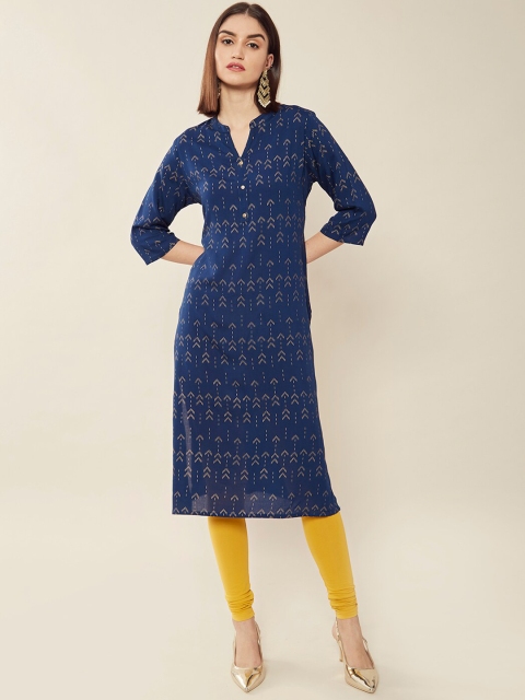 

Soch Women Blue Geometric Dyed Keyhole Neck Straight Kurta