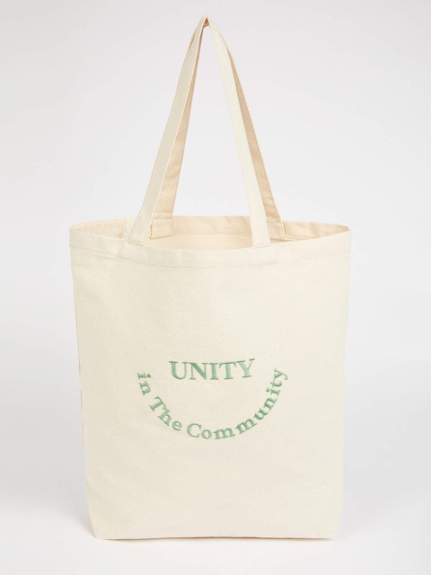 

DeFacto Women Cream-Coloured & Green Cotton Typography Embroidered Shopper Tote Bag