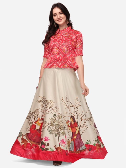 

Mitera Red & Beige Printed Semi-Stitched Lehenga & Unstitched