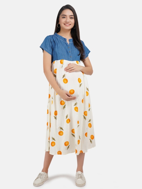 

KOI SLEEPWEAR Yellow & Blue Floral Maternity A-Line Midi Dress