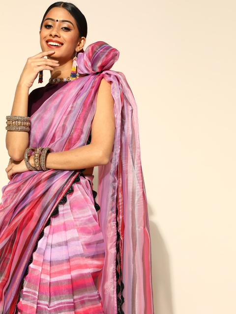 

Inddus Striped Organza Saree with Embellished Border, Pink