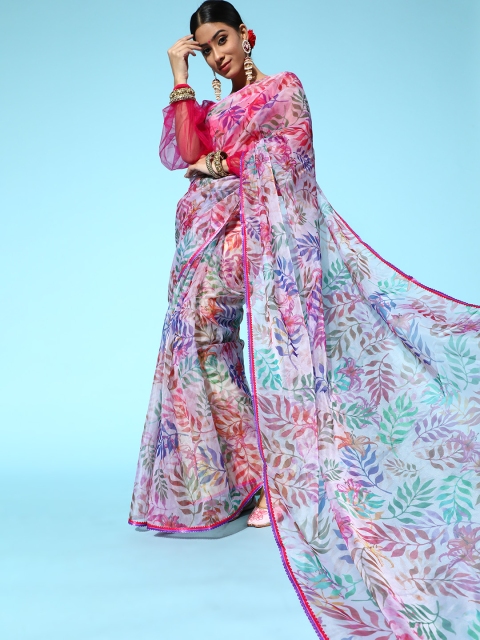 

Inddus Multi-Coloured Leaf Print Organza Saree