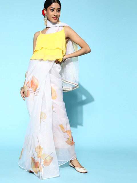 

Inddus Off-White & Mustard Yellow Leaf Print Organza Saree