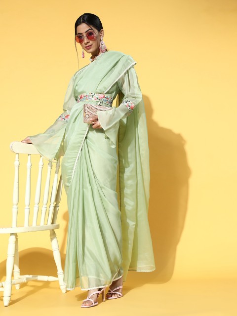 

Inddus Women Green Belted Saree with Embroidered Border