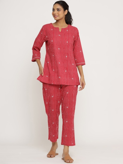 

JISORA Women Coral & White Striped Night suit
