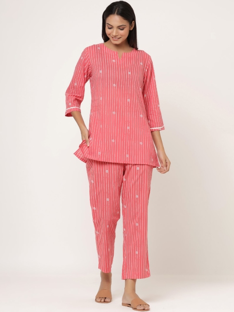 

JISORA Women Pink & White Striped Night suit