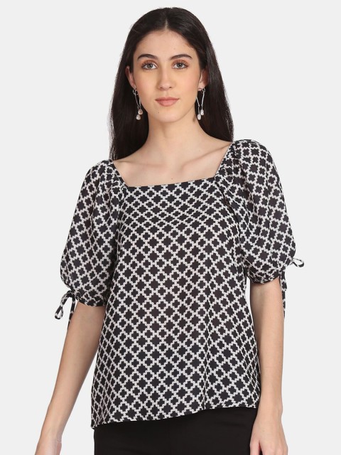 

Cherokee White & Black Printed Square Neck Puff Sleeves Top