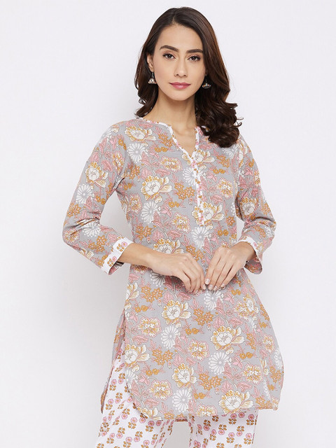 

Tissu Grey & Orange Floral Printed V-Neck Pure Cotton Kurti