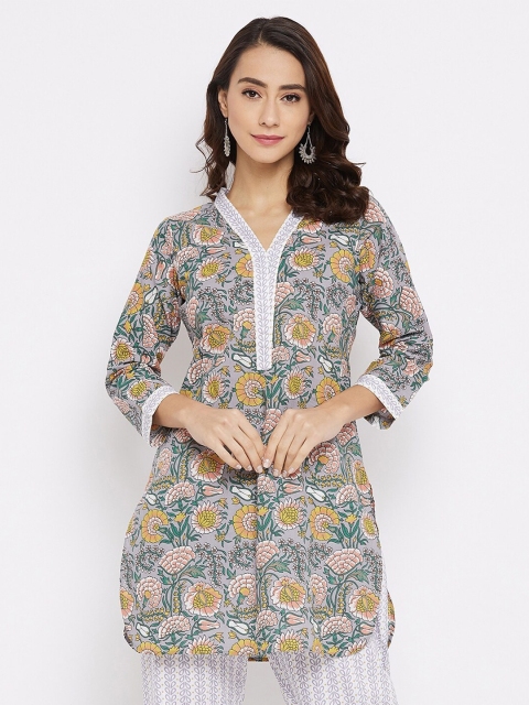 

Tissu Women Grey & Orange Floral Printed Pure Cotton Straight Kurti