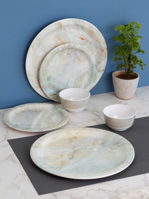 

LIVING ROOTS Beige & Green Set Of 12 Pieces Printed Melamine Glossy Dinner Set