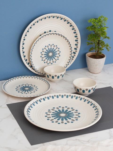 

LIVING ROOTS Off White & Blue 12 Pieces Floral Printed Melamine Glossy Dinner Set