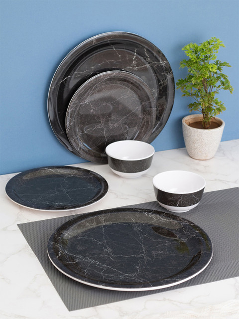 

LIVING ROOTS Black & White 12 Pieces Printed Melamine Glossy Dinner Set