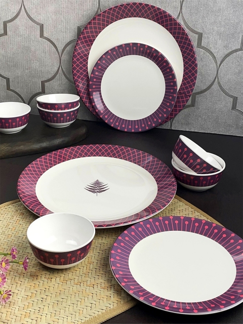 

LIVING ROOTS White & Magenta 12 Pieces Printed Melamine Glossy Dinner Set
