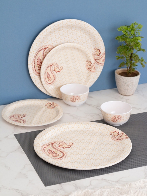 

LIVING ROOTS Beige & Maroon 12 Pieces Printed Melamine Glossy Dinner Set