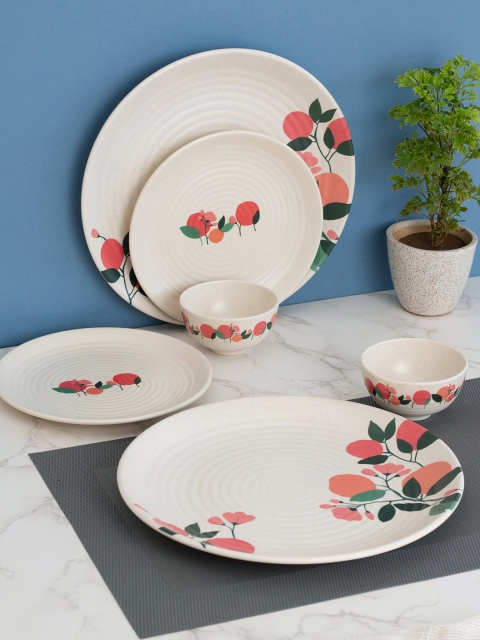 

LIVING ROOTS Set Of 12 Cream-Coloured Printed 100% Melamine Dinner Set